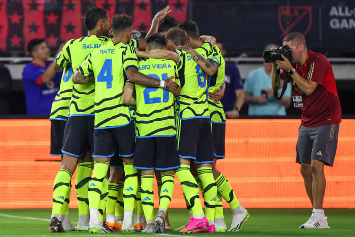 Arsenal players pictured celebrating a goal during their 5-0 win over an MLS All-Stars XI in Washington in July 2023